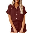 thumbnail image 2 of Viluyesy V-Neck T-Shirt and Shorts Set for Womens Solid Color Tops Elastic Waist Short Pants Button Cotton Shirt and Shorts Sets Two PC Wine Size 2XL, 2 of 6