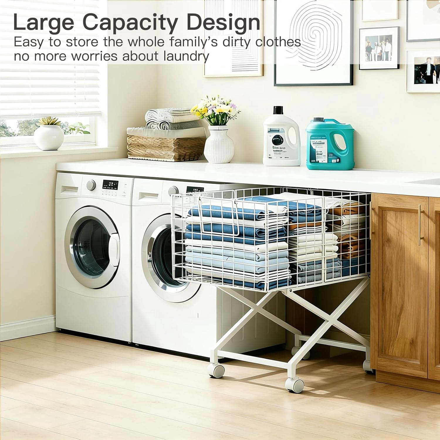 Rolling Laundry Basket with Wheels, 80L Wire Laundry Hamper with Lockable Casters, Sturdy Metal Cart for Clothes Storage, Ventilated Rolling Bin for Bathroom Bedroom (White)