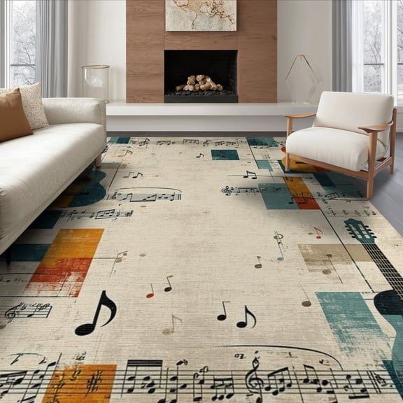ODIKA 8'x10' Washable Area Rug Guitar Vintage Print Music Notes Abstract Note Border Retro Acoustic for Living Room, Under Sectional, Family , Durable, Non-Slip