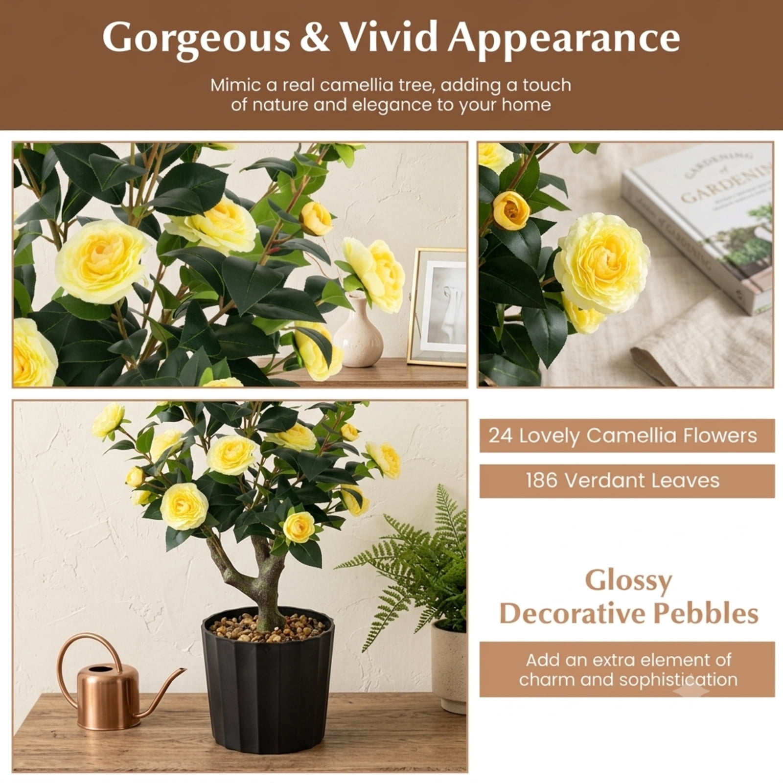 Vebreda Artificial Plant Decor, 38 Inch Artificial Camellia Tree Faux Flower Plant in Cement Pot, Gorgeous and Vivid Appearance