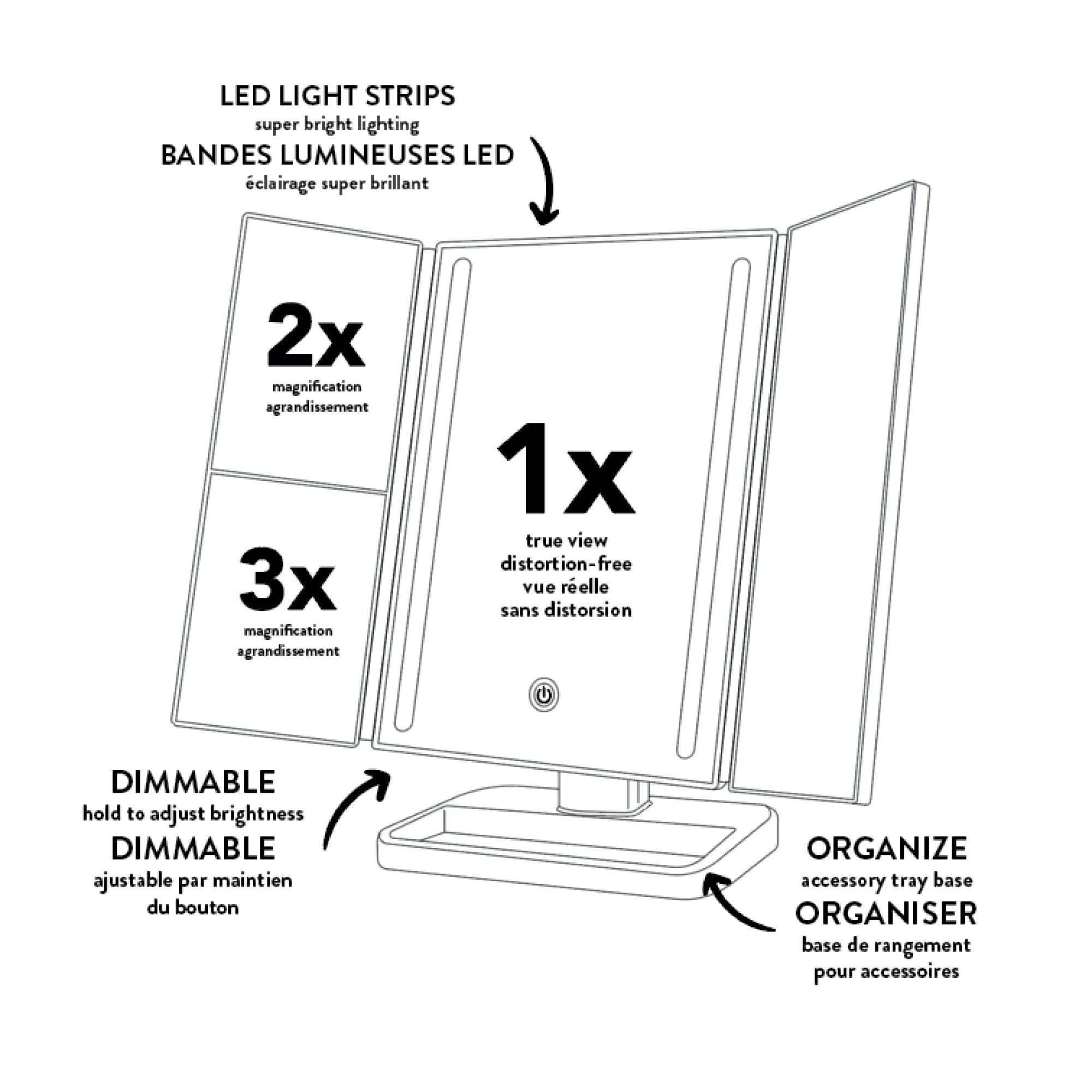 Glam up LED Trifold Mirror, Silver