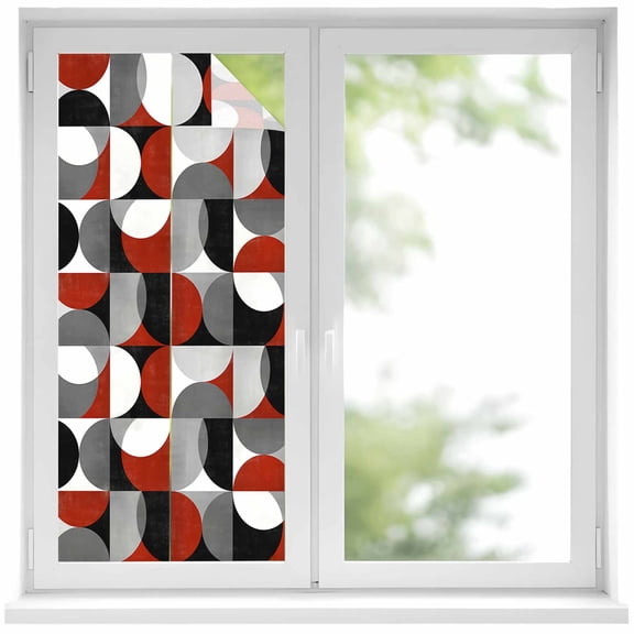 Red Grey Window Privacy Film, Abstract Retro Middle Century Geometric Art Static Cling UV Sun Blocking Heat Control Window Tint, Non-Adhesive One Way Windows Privacy Cover 17.7''x39.3''
