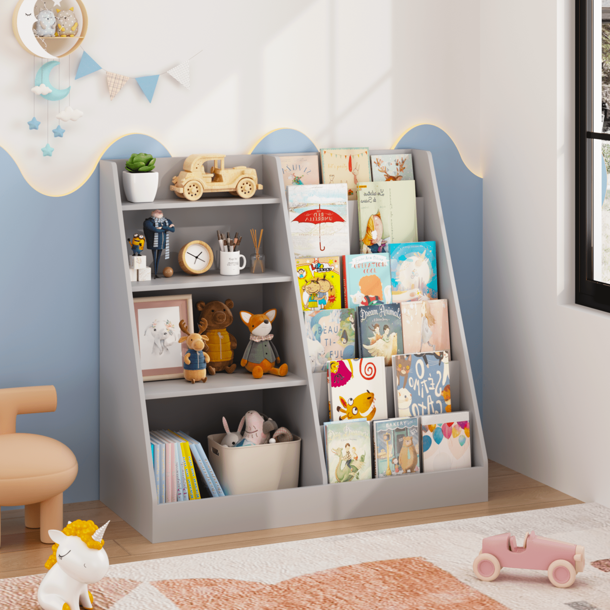 Kids Bookshelf and Toy Storage Organizer, Multifunctional 4 Tier Wooden Kids Book Shelf with Bookcase Display Stand in Kids Room Playroom Nursery for Kids, Children, Toddlers (Gray)
