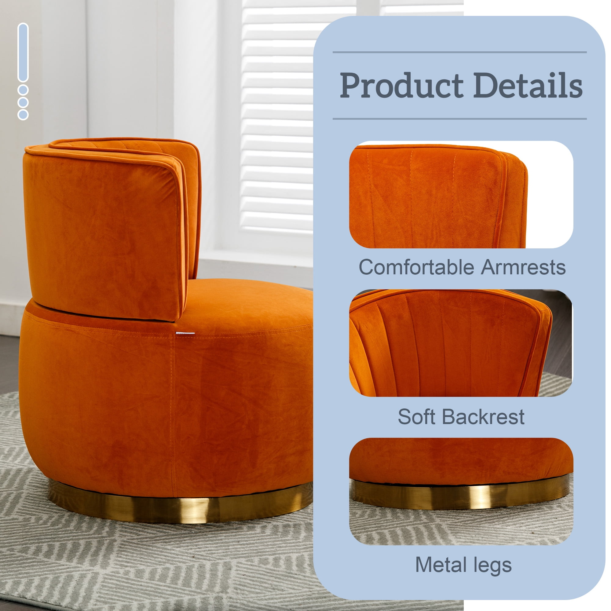 MOONMISS Velvet Upholstered 360 Degree Swivel Armless Round Barrel Chairs for Living Room-Orange