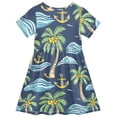 thumbnail image 2 of Palm Tree Wave Pattern Girls Short Sleeve Dress A Line Sun Protection Breathable Comfort Sundress 3T, 2 of 8