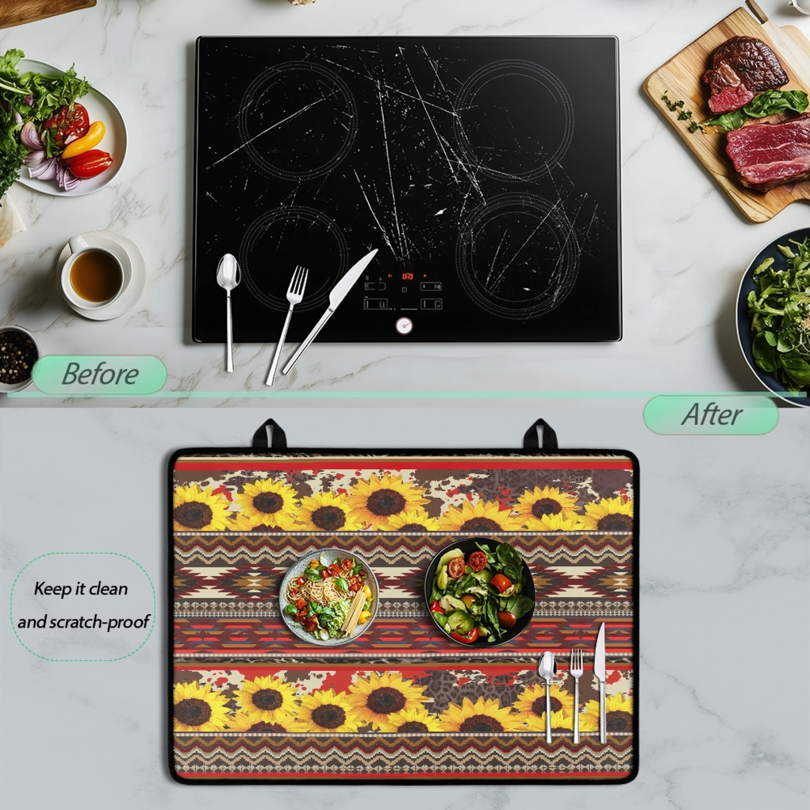 Renewold Stove Top Cover for Electric Stove, Stove Mat for Glass Stove Top, Heat Resistant Oil Resistant Cooktop Protector Cover for Kitchen Decor, American Tribal Sunflower Cow Print Red
