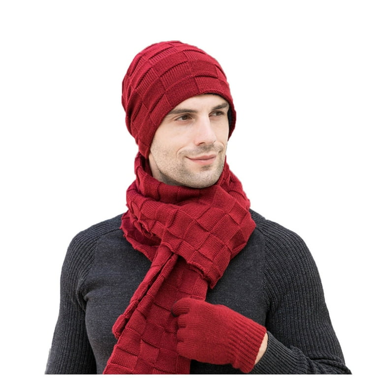 Men s Winter Knitted Windproof Hat Scarf Gloves Three piece Winter
