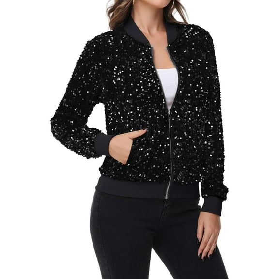 Women's Sequin Bomber Jacket Zip Front Ribbed Cuffs and Hem Pockets- XX Large, Black