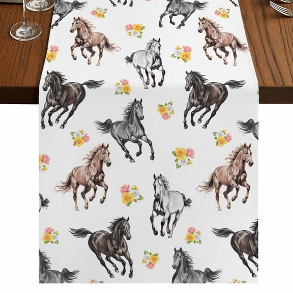 Table Runners 120 Inches Long Dress Scarves, Spring Flowers Farmhouse Coffee/Dining/Kitchen Table Runner for Living Room, Black Brown White Horse Country Vintage 13x120 Inch