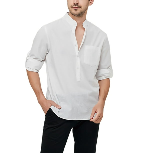 Camisa informal para hombre: color liso, imitación algodón y lino, manga larga, algodón, para todas las estaciones, tallas S-XXXL (contorno de pecho 110-135 cm)