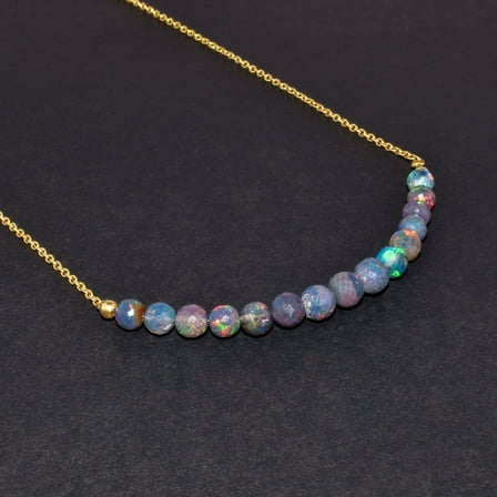 QNAVIC Ultra Fire Black Opal Faceted Round Beaded Dainty Bar Necklace, Natural Gemstone Healing Crystals Birthstone Jewelry, 14k Gold Plated Sterling Silver Chain 18 Premium Gift for Women