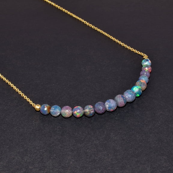 QNAVIC Ultra Fire Black Opal Faceted Round Beaded Dainty Bar Necklace, Natural Gemstone Healing Crystals Birthstone Jewelry, 14k Gold Plated Sterling Silver Chain 18 Premium Gift for Women