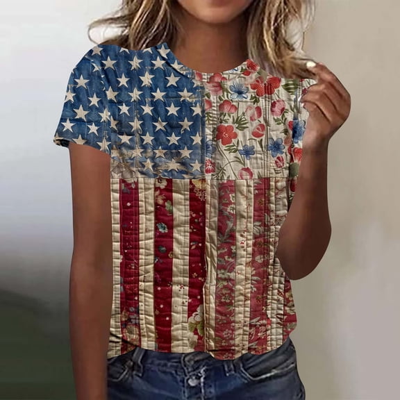 Cavosen USA Flag Shirts for Women Petite Patriotic Short Sleeve Crew Neck Tops USA Flag Print T Shirts Lady XL Independence Day Casual Shirts Funny 4th of July Tunic Tees 2025 Patriotic Outfits