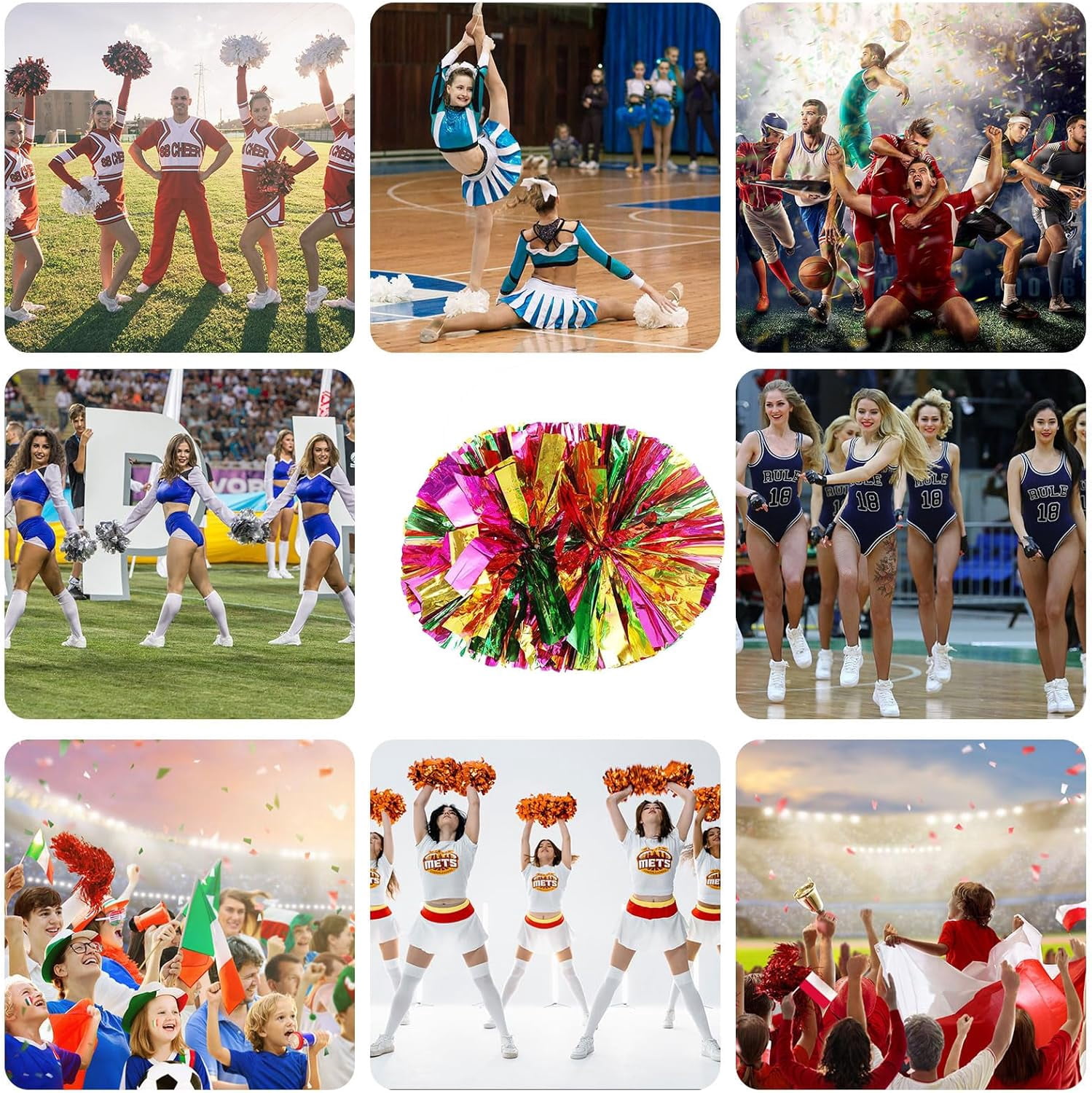 20 PCS Metallic Cheerleading Pom Pom for Team Spirit Sports Dance Cheering Kids Adults.