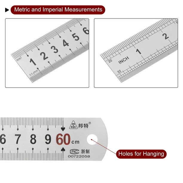 Uxcell 2pack Stainless Steel Ruler, 24 Metal Rulers 1.14 Wide Inch and  Metric Graduation 