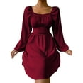 thumbnail image 3 of SAYOO Vestido de primavera para mujer, vestido de cintura alta fruncido con cuello cuadrado liso de manga larga, trajes hasta la rodilla con lazo en la cintura para mujer SAYOO  moda, 3 of 5