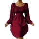 thumbnail image 3 of SAYOO Vestido de primavera para mujer, vestido de cintura alta fruncido con cuello cuadrado liso de manga larga, trajes hasta la rodilla con lazo en la cintura para mujer SAYOO  moda, 3 of 5