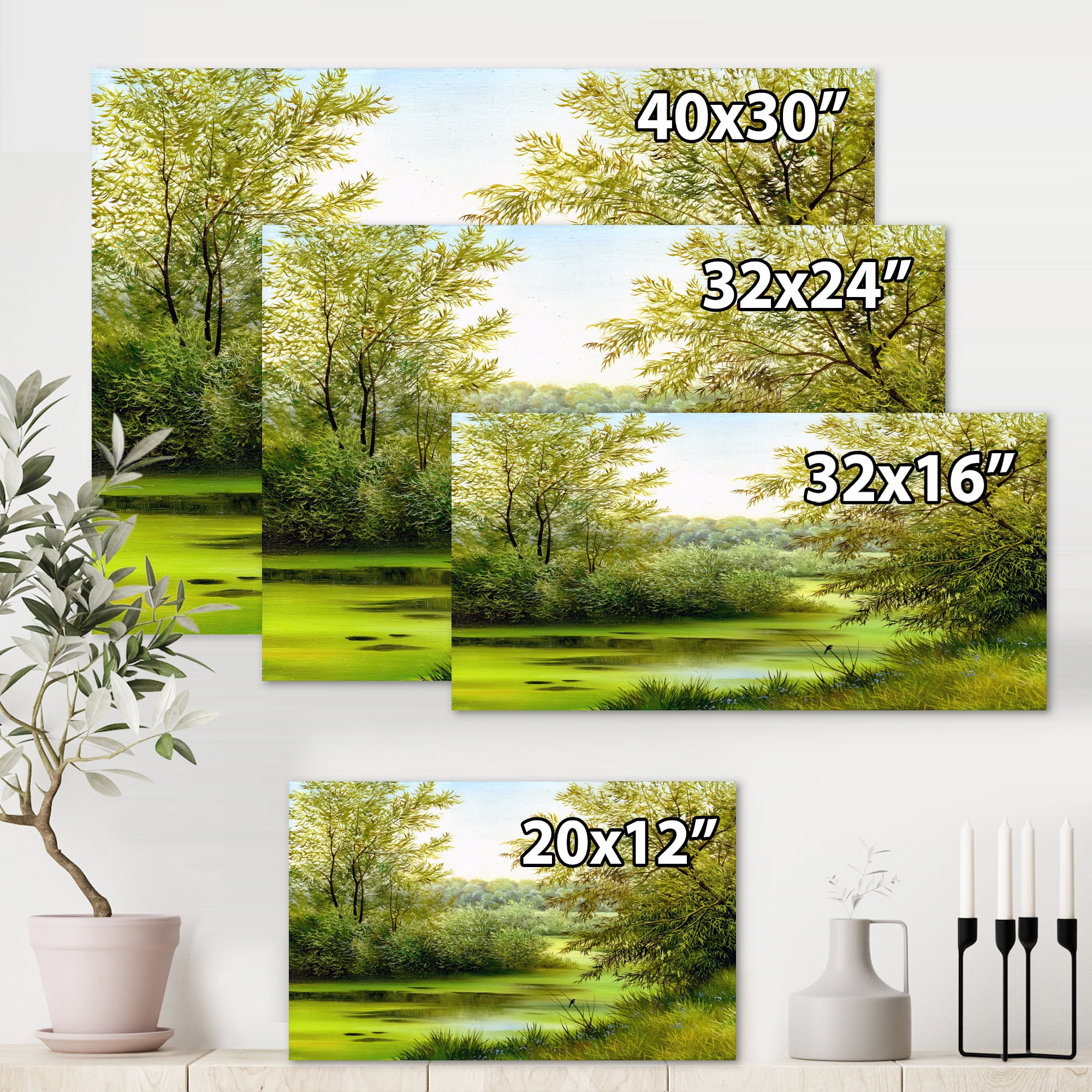 Designart ' Spring Trees With Green Pond ' Country Canvas Wall Art Print