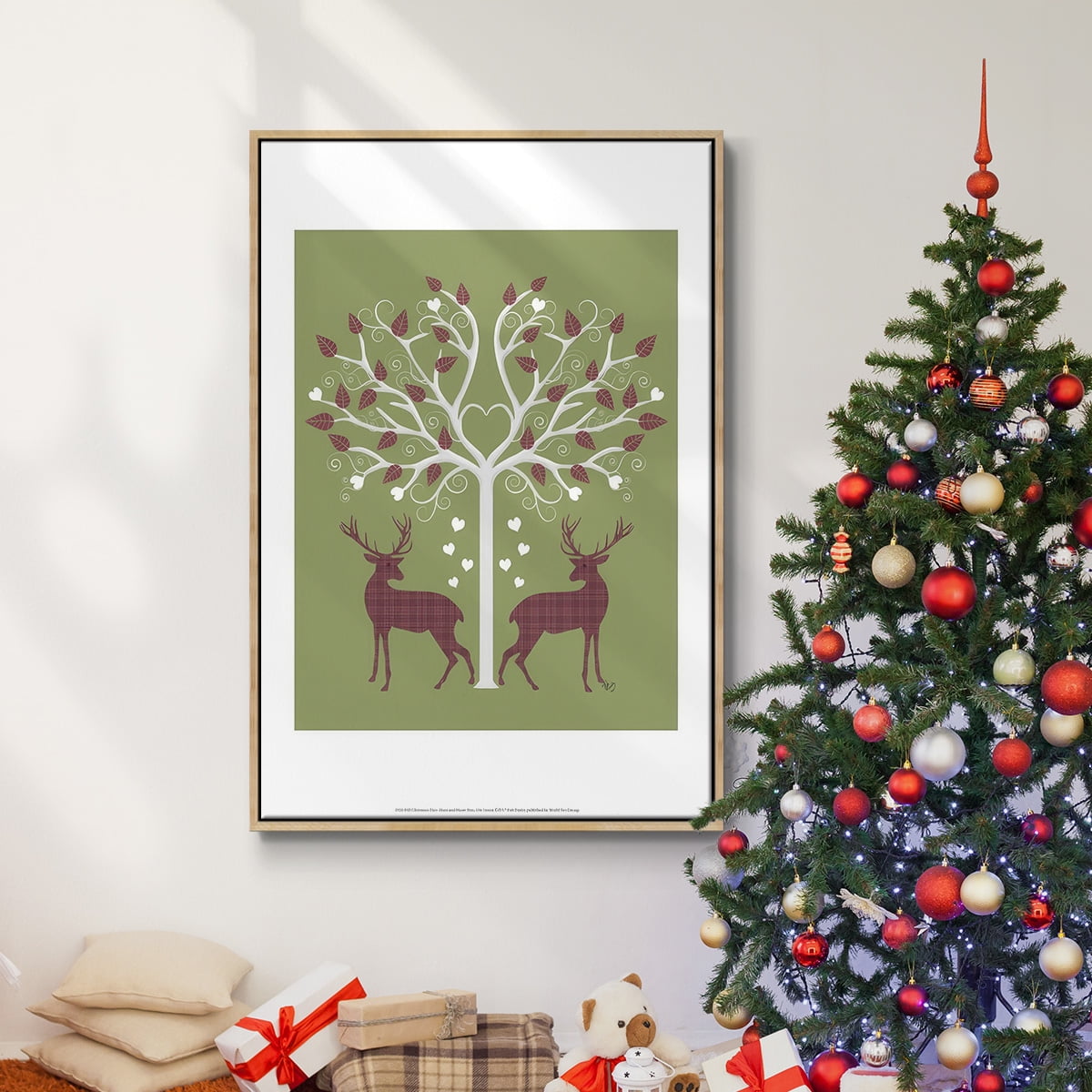 Christmas Des - Deer and Heart Tree, Pink On Green - Framed Gallery Wrapped Holiday Canvas - 27 x 41 - Natural Wood Frame