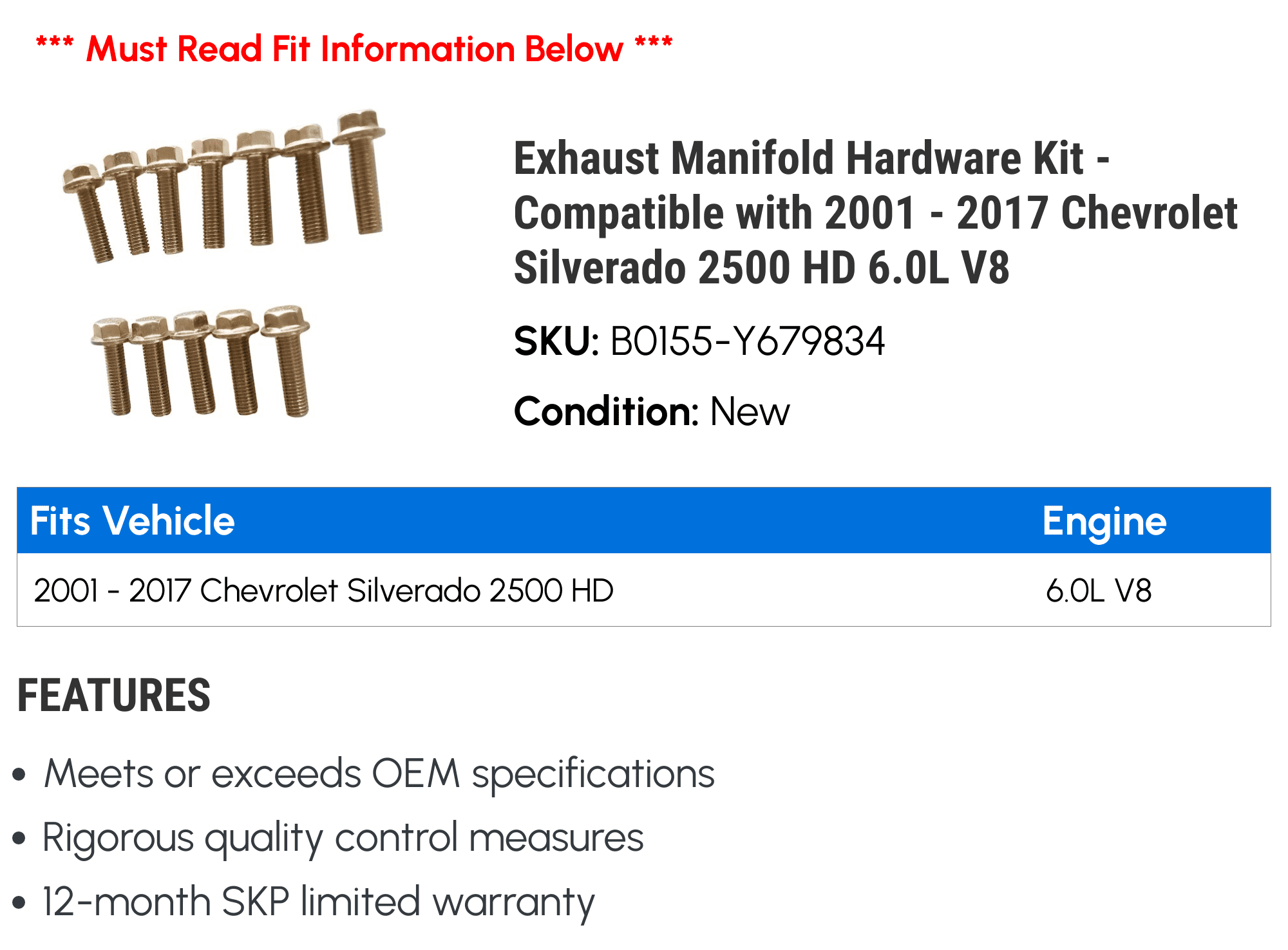 Exhaust Manifold Hardware Kit - Compatible with 2001 - 2017 Chevy Silverado 2500 HD 6.0L V8 2002 2003 2004 2005 2006 2007 2008 2009 2010 2011 2012 2013 2014 2015 2016
