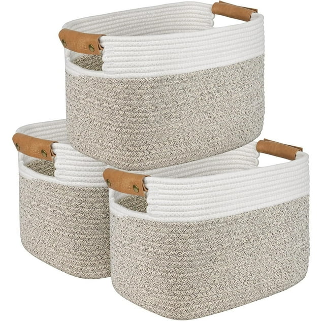 3 Cestas de Almacenamiento Cubo de Cuerda de Algodón Tejido, Cestas de Estantería para Organizar,Cestas Decorativas con Asas de Cuero Desmontables para Almacenamiento en Armario,15"x10"x9.5