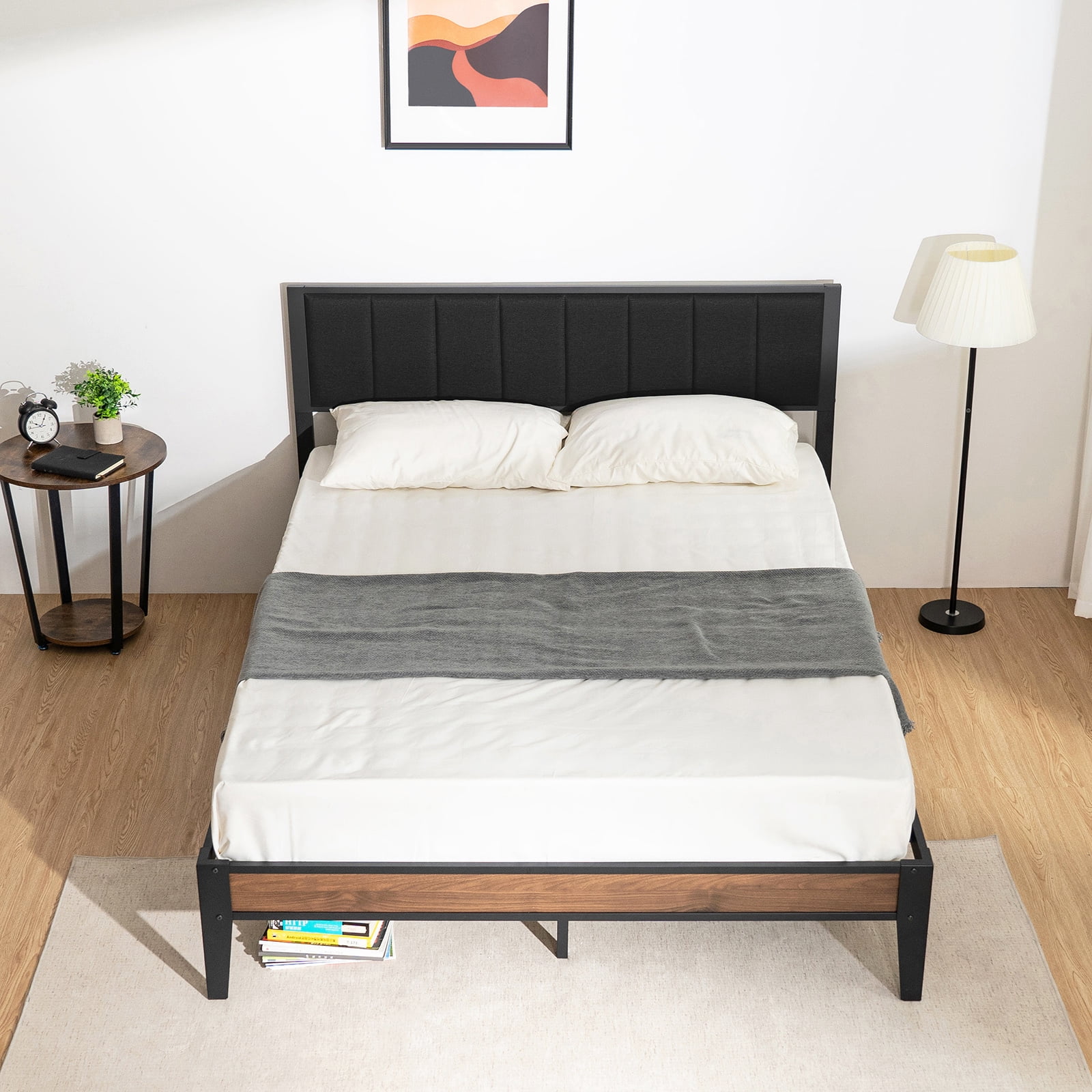 Lusimo King Bed Frame with Fabric Upholstered Headboard Metal Platform Bed No Box Spring Needed, Black