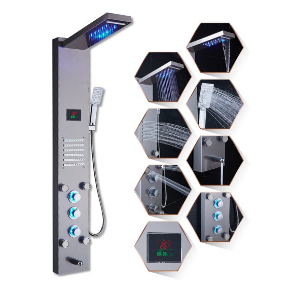 Open Box ELLO&ALLO LED RAINFALL WATERFALL SHOWER HEAD RAIN MASSAGE SYSTEM, BRUSHED NICKEL