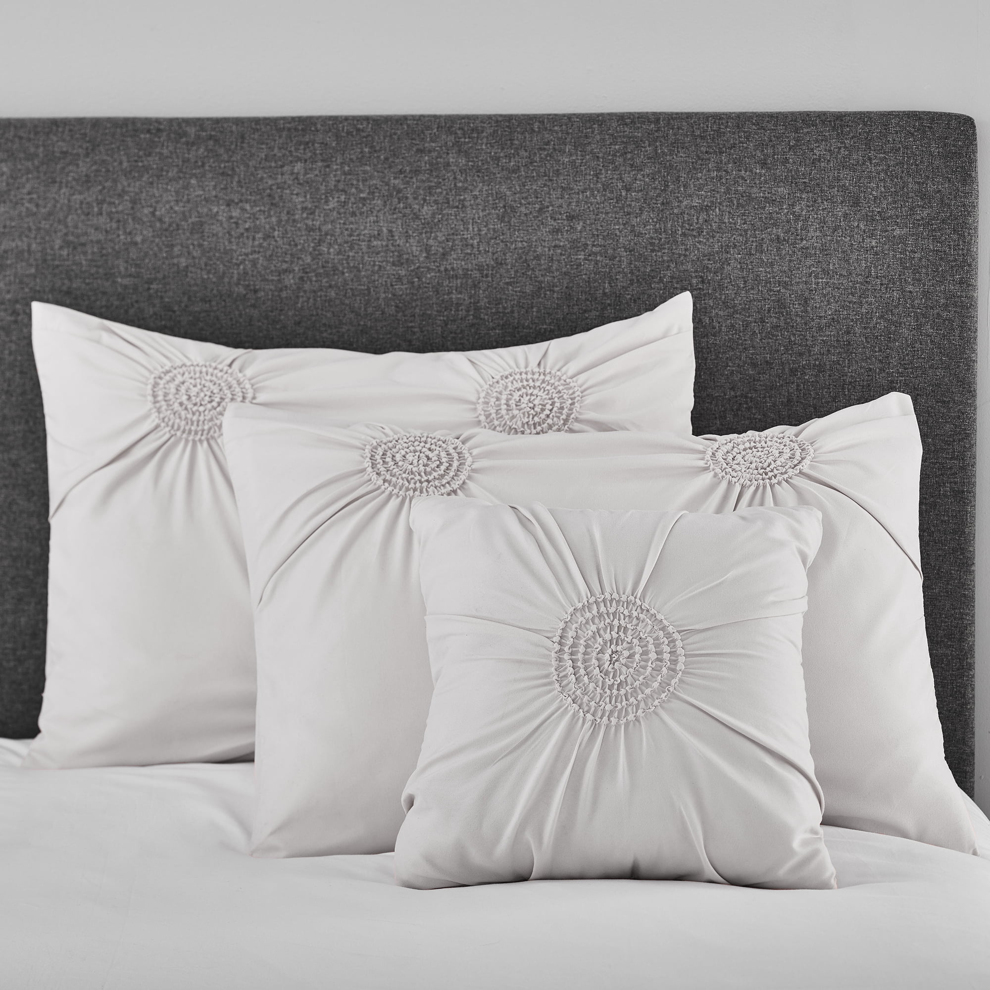 Mainstays Circle Ruched Solid King Sham and Decorative Pillow Set, Grey