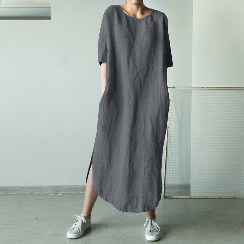 Fashion Women dresses Solid Color Cotton and Linen Long Sleeve O-Neck Fold Casual  Dress - Walmart.com