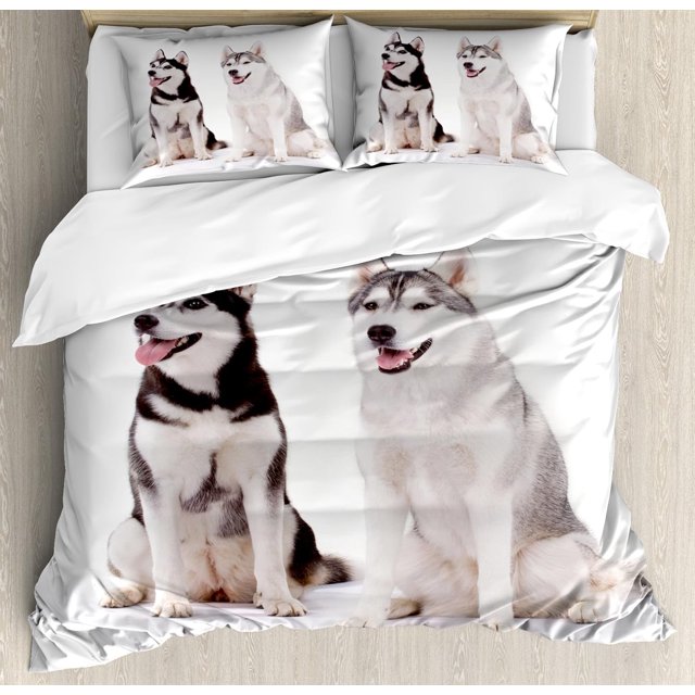 Malamute Juego de Funda Nórdica, Furry Arctic Doggies Husky Whelp Pedigree Pet Happy