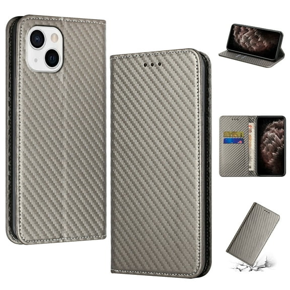 SaniMore for iPhone 14 Plus Wallet Case, Wrist Strap Magnetic Clasp, Card Slots Carbon Fibre Skin Shockproof TPU Anti-drop Anti-scractch Stand Business Full Protective Shell for iPhone 14 Plus, Gray