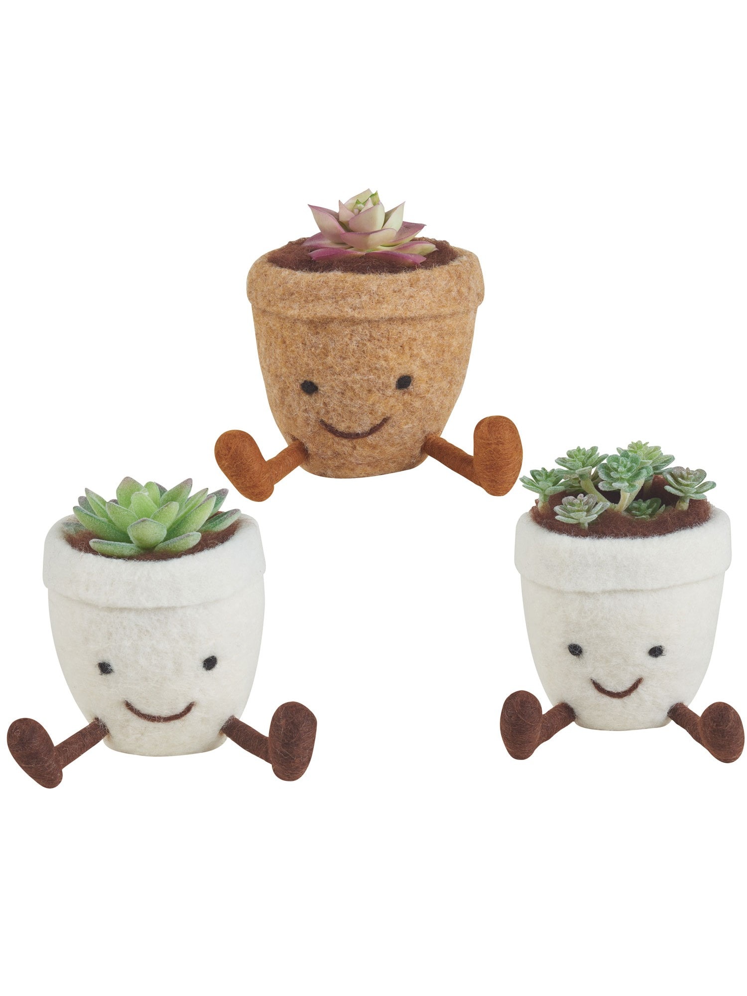 Set of 3 Faux Succulent Plants Felted Greenery Pot Sitters