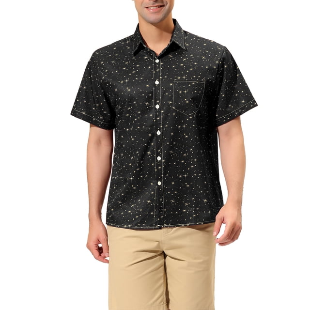 INSPIRE CHIC Men's Shirts Button Down Short Sleeves Star Print Summer Shirts S Black
