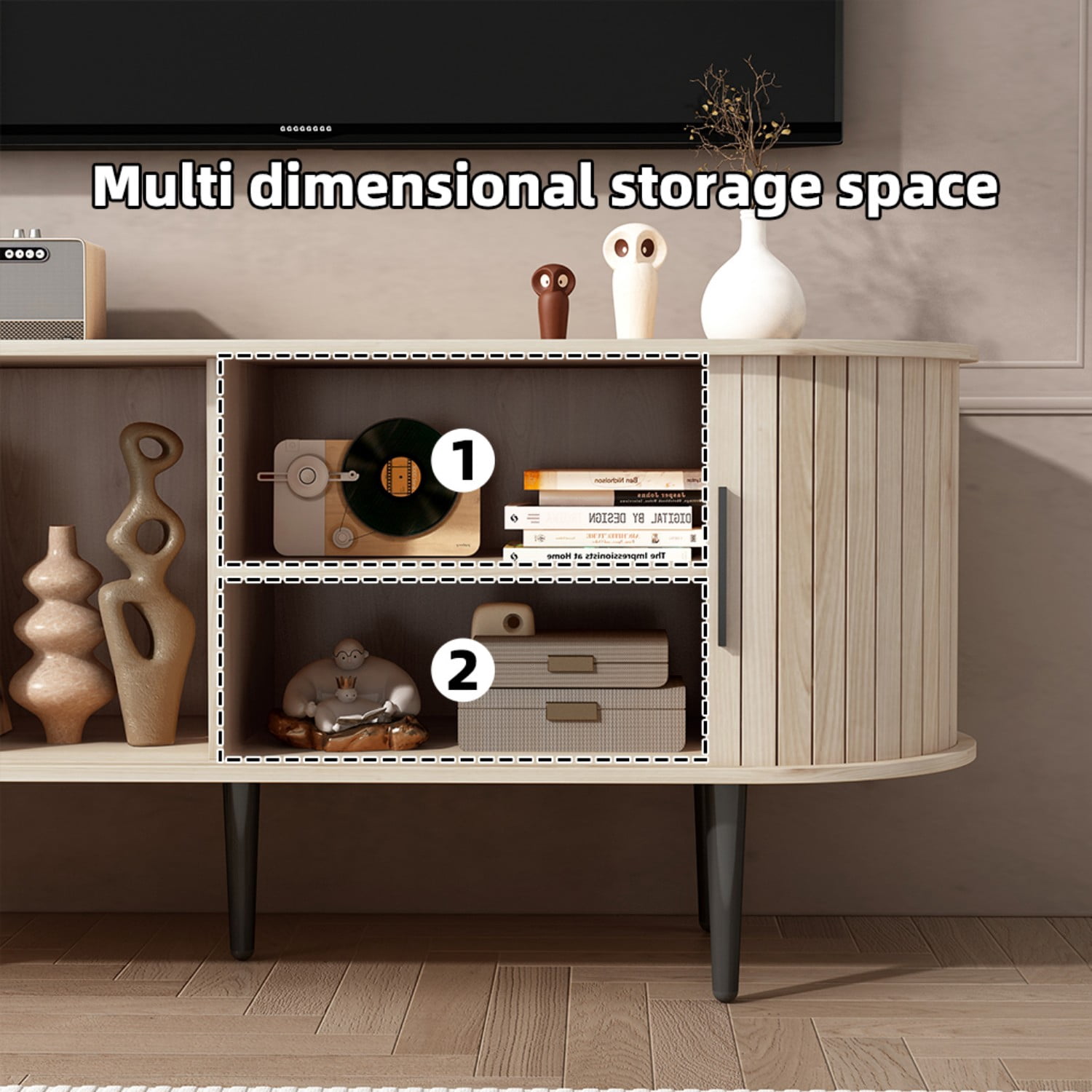 47" Modern TV Stand with Sliding Door Storage Cabinet, Mid Century Media Console Table for Living Room, Bedroom, Office, Natural