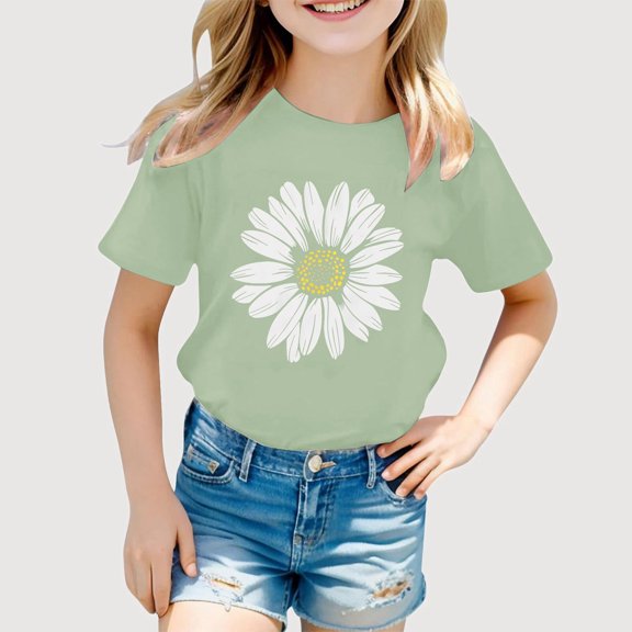 Gyujnb Daisy Print Cold Shoulder Round Neck Short Sleeves Casual T Shirt (Little Girls, Big Girls),8-9 Years