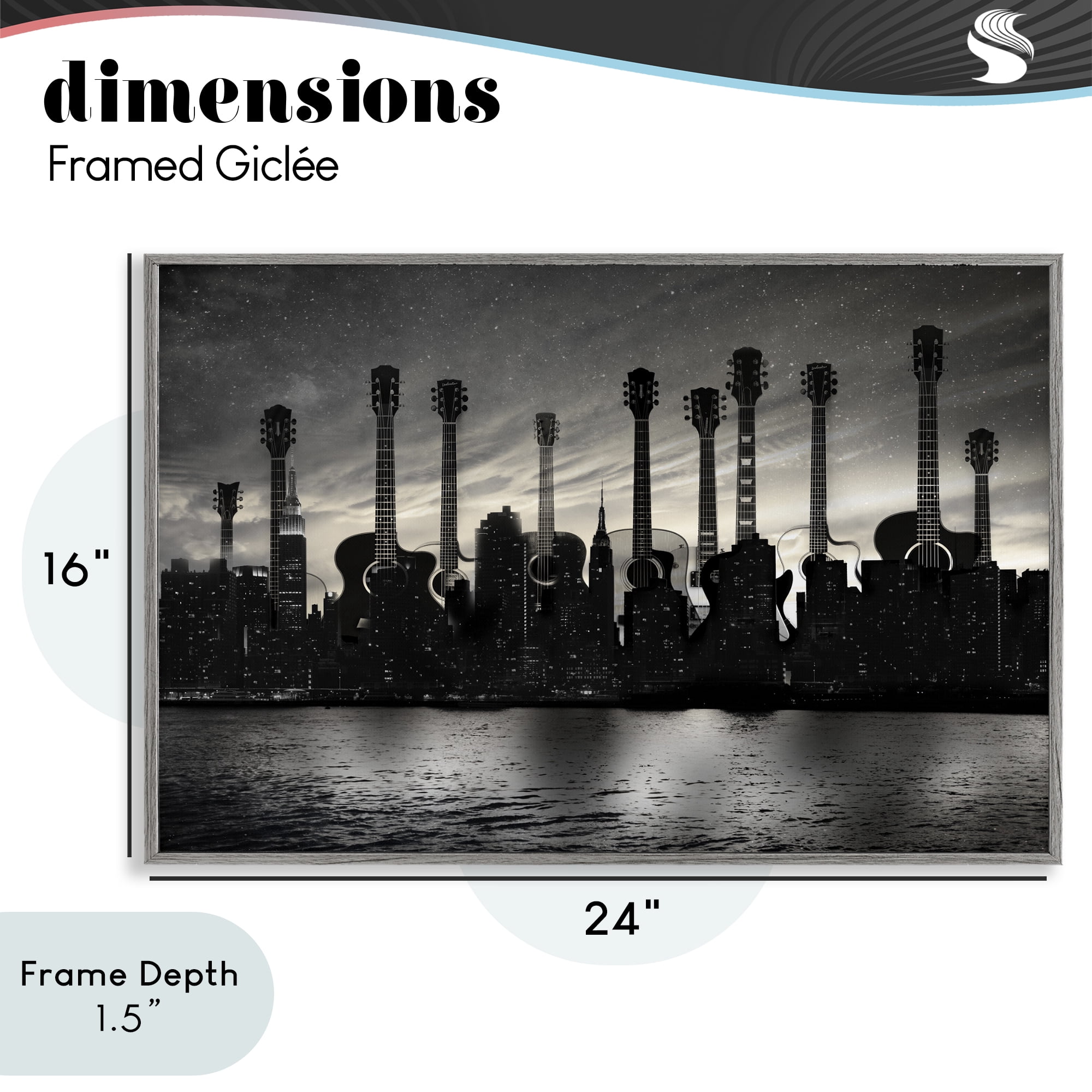 Stupell Industries Guitar Skyline Cityscape Gray Framed Giclee Art, design by CAD Designs