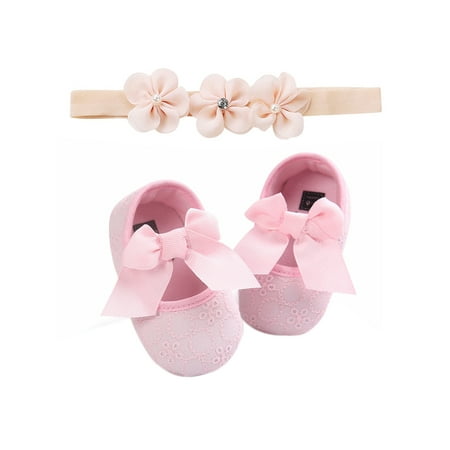 

Douhoow 0-18M Newborn Baby Shoes Baptism Bowknot Baby Girl Soft Sole Shoes Headband Set