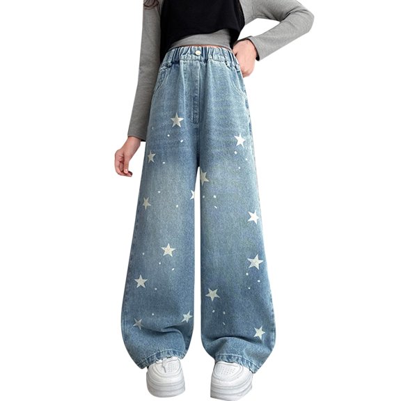 Coerni Girls Baggy Y2K Jeans Elastic Waisted Straight Wide Leg Denim Pants with Star Print Trendy Streetwear Boyfriend Skater Pants