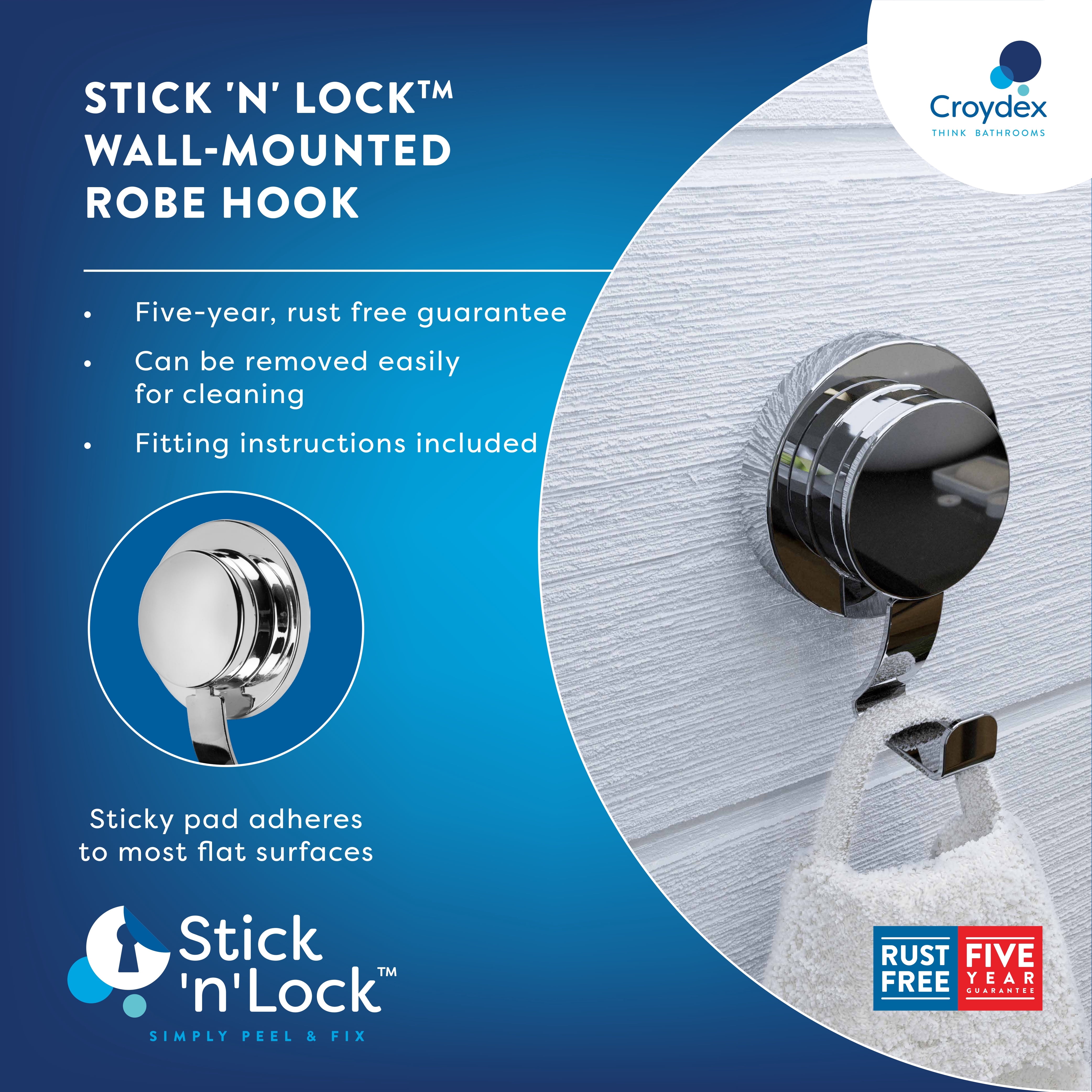 Croydex Stick n Lock Adhesive Chrome Bath Robe and Towel Holder, Durable Hand Towel Hooks