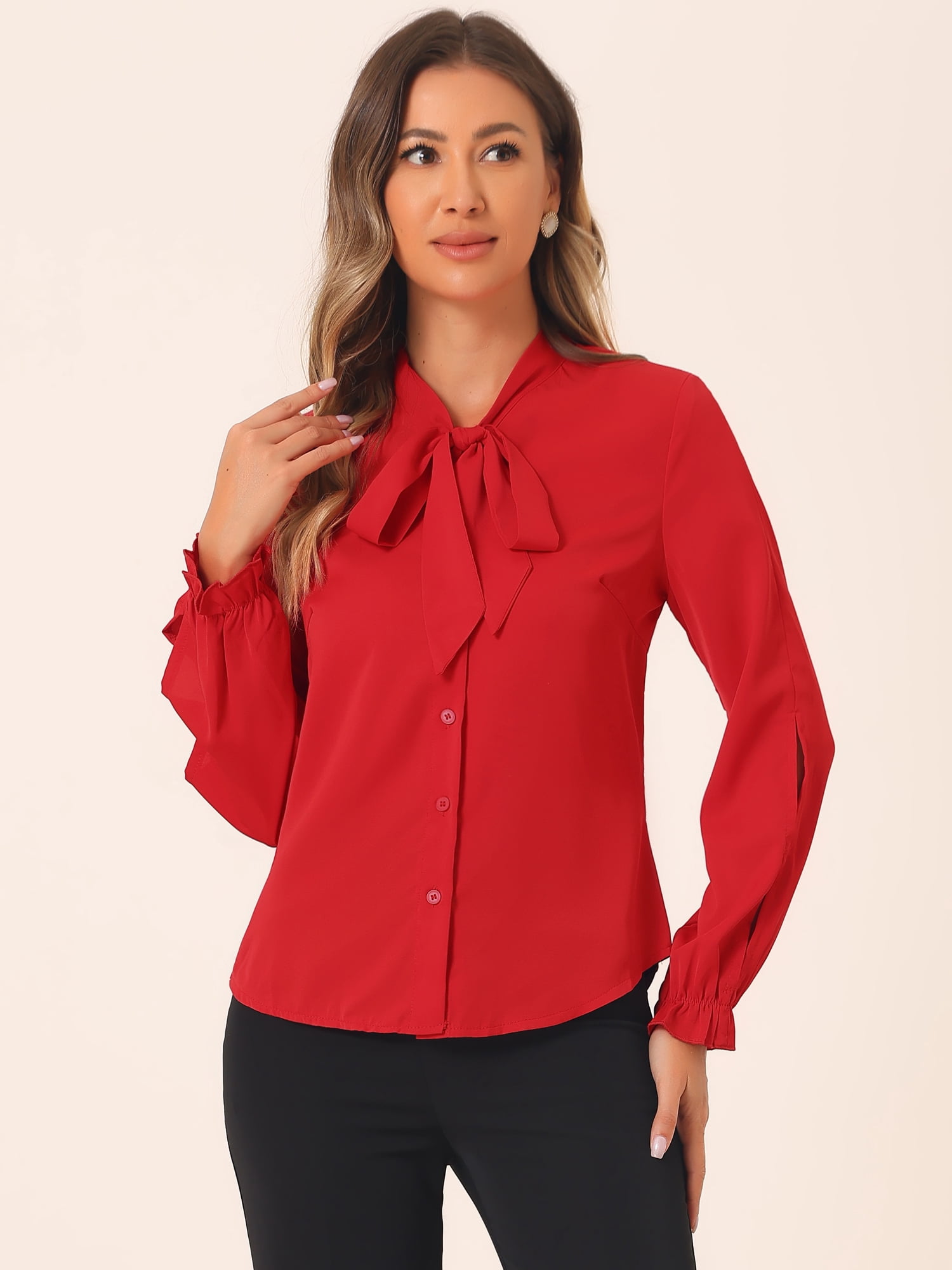 DARING DIVA Women's Elegant Bow Tie Neck Blouse Chiffon Shirt XS Red