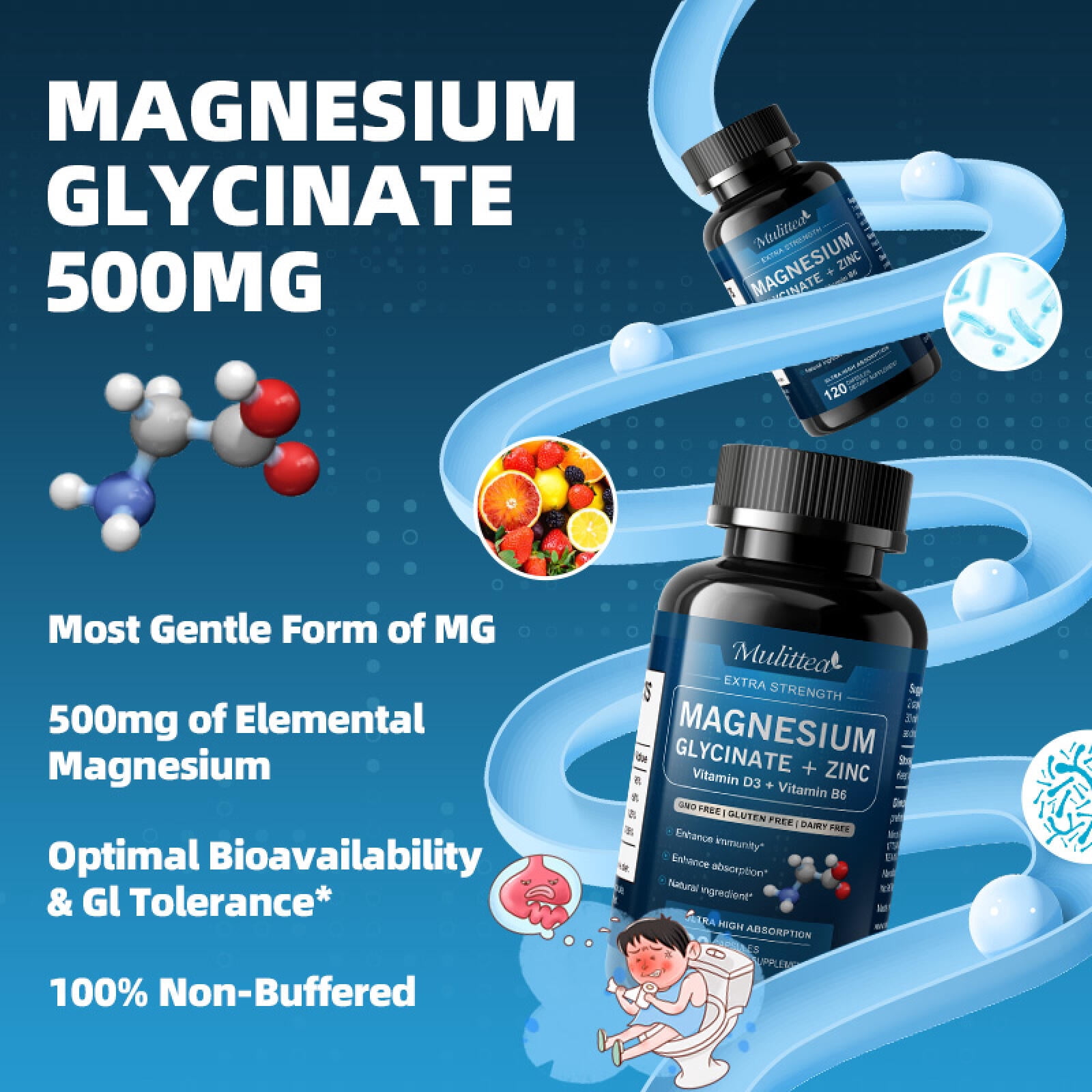 (3 Pack)Magnesium Glycinate Powder Capsules 500 mg - Heart, Muscle & Bone Health Support -120 Capsules
