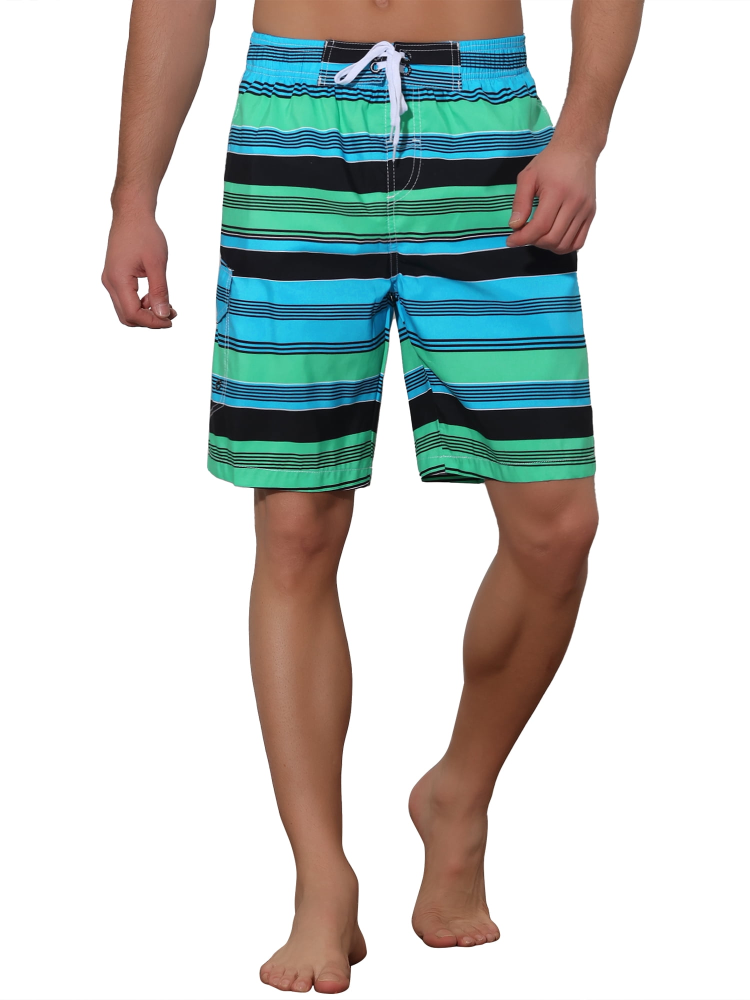 Unique Bargains Men's Drawstring Stripes Printed Color Block Beach Pool Board Shorts 36 Green