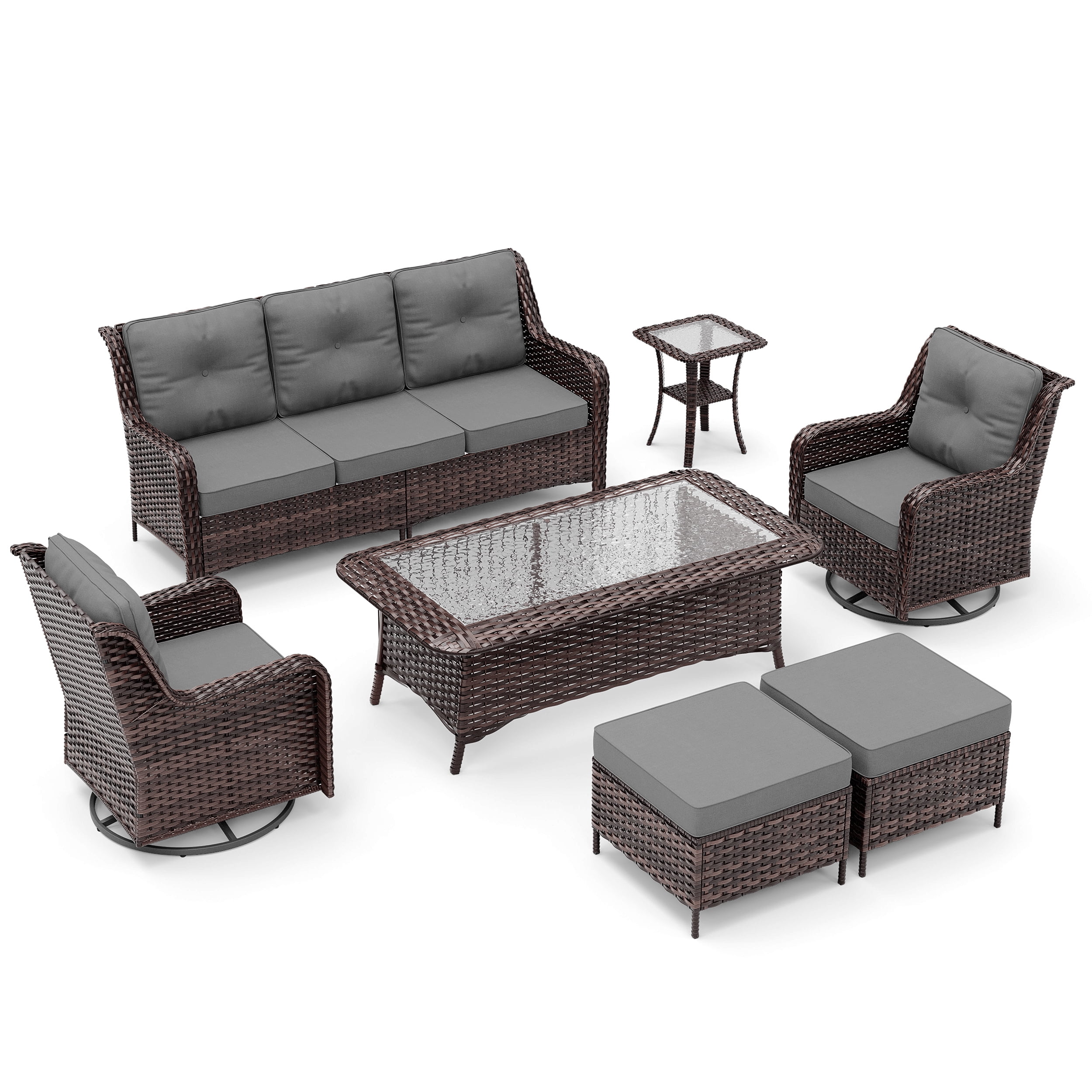 ALAULM 7PCS Rattan Patio Furniture Set, Wicker Outdoor Sofa Set w/2 Swivel Rocking Chairs, 2 coffee tables of different sizes, 2 Ottomans, Gray