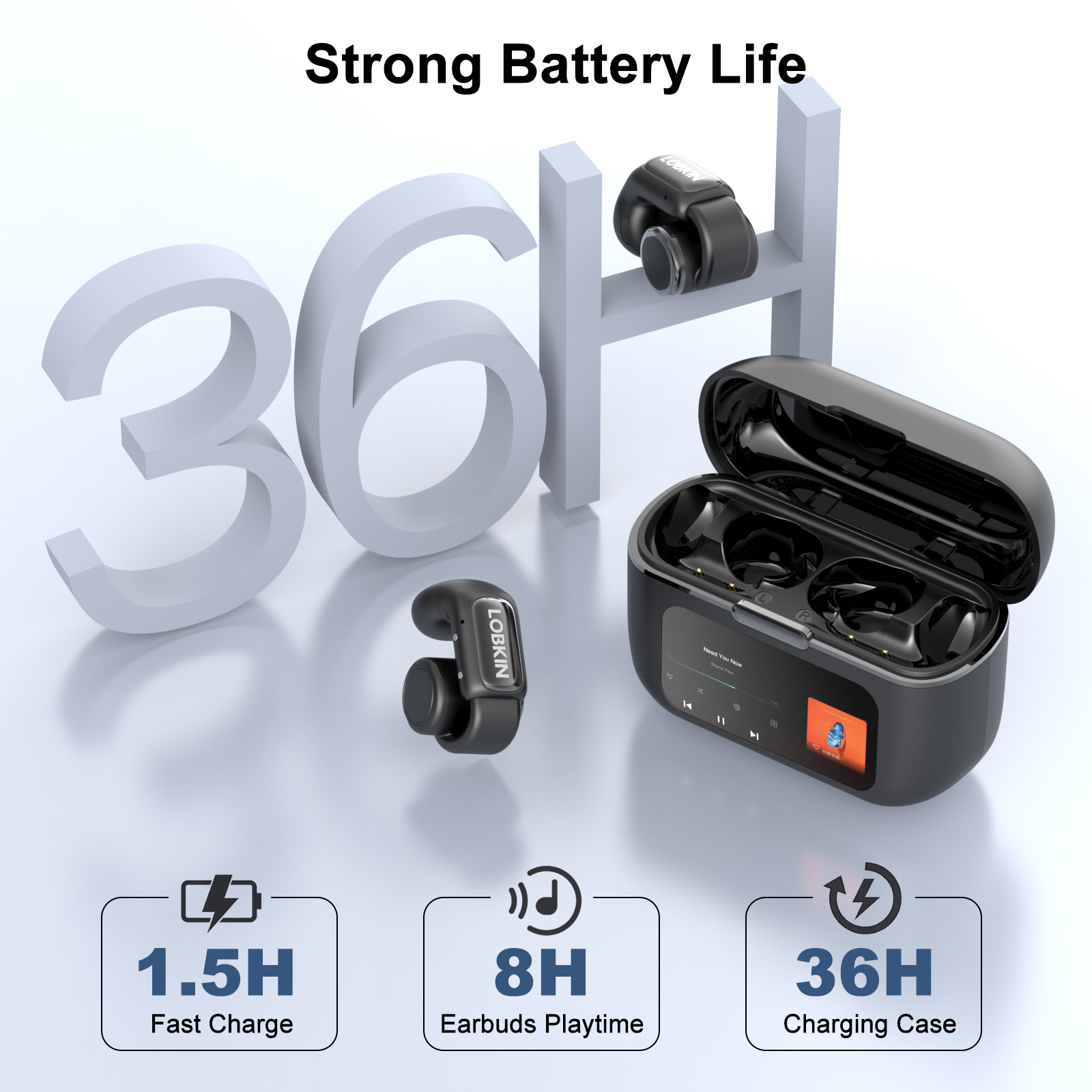 LOBKIN Open Ear Headphones,Clip On Earphones, Wireless Earbud,Open Ear Earbuds with LED Display and 4GB Memory,Bone Conduction Earbuds Built-in HD Microphone,36 Hours Playtime