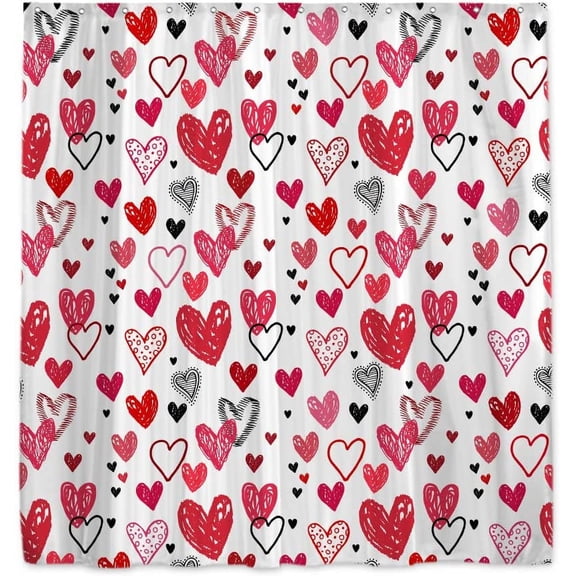 Valentine''s Day Doodle Style Hearts Shower Curtain for Bathroom Decor Romantic Red Pink Black Printed Drawing Art Home Bath Bathtub Decorations 72"x72"