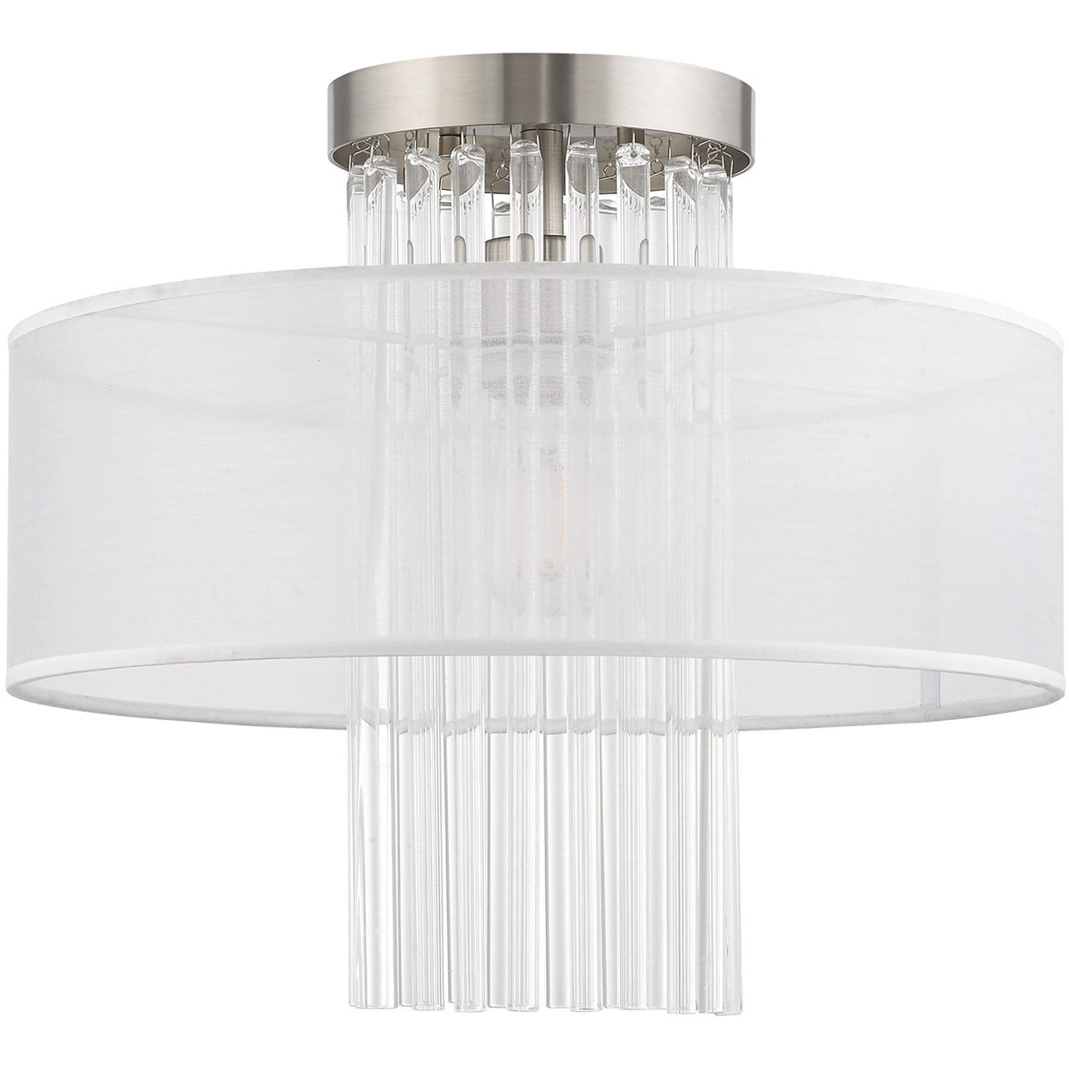 1 Light Brushed Nickel Ceiling Light fixture with Clear Crystal Rods/ Hand Crafted Translucent Fabric Shade