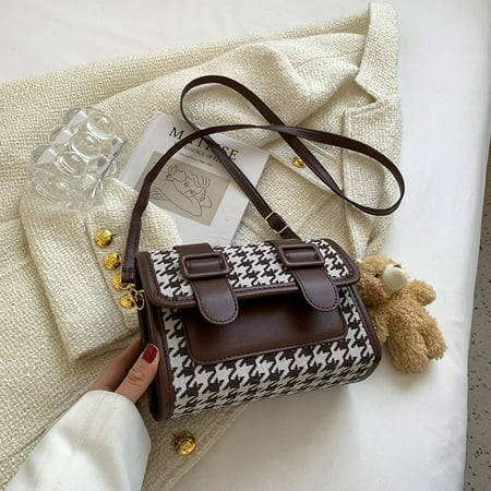 

Toyella One-shoulder Fashion Trendy Plaid Cross-body Small Square Bag White coffee No pendant