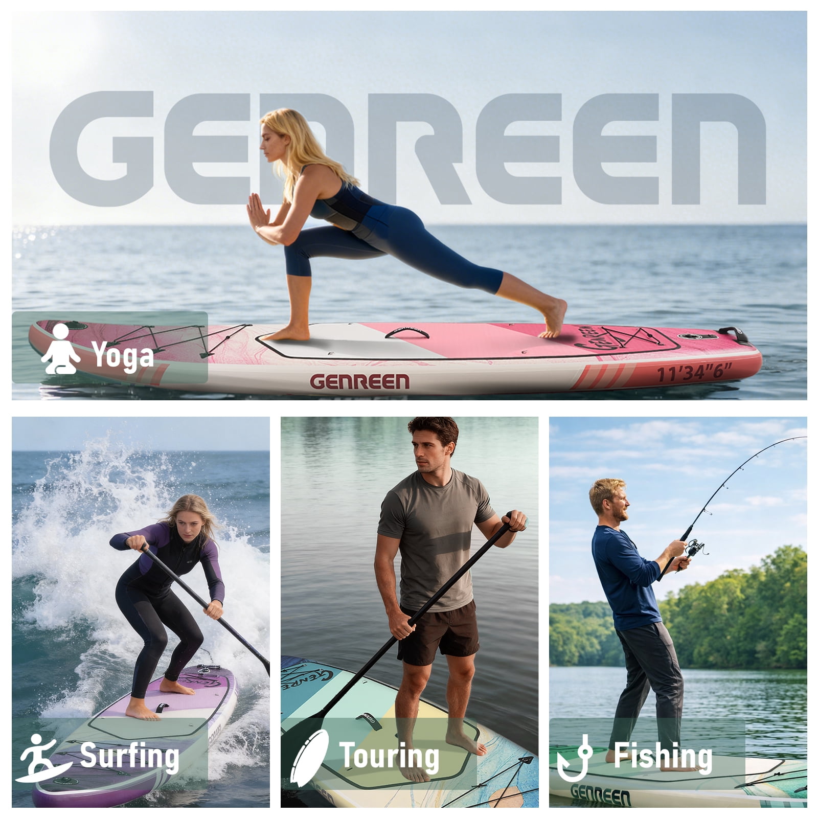 Genreen 11ft Inflatable  Stand up Paddle Board, Fishing Paddle Board with  SUP Accessories for Youth & Adults