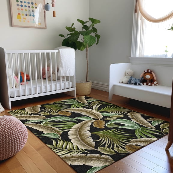 Addison Rugs Mayfield Washable Tropical Leaves Midnight Rectangle Rug, 10' x 14'