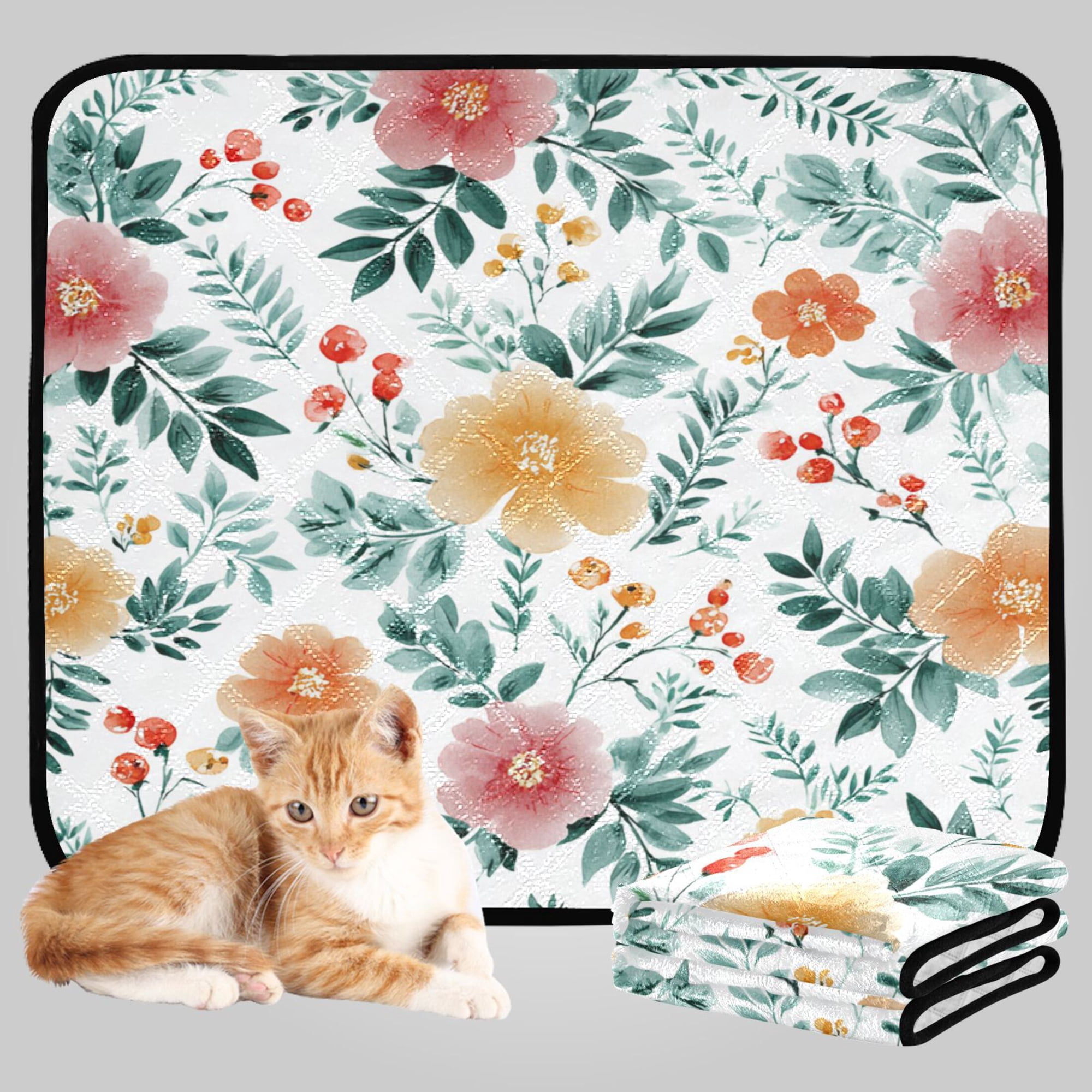 RMDQTR 3Pack Set of Small Pet Potty Pads Reusable Ultra-Absorbent Pet Training Pads Leak-Proof Pet Pads Rustic Watercolor Floral Garden
